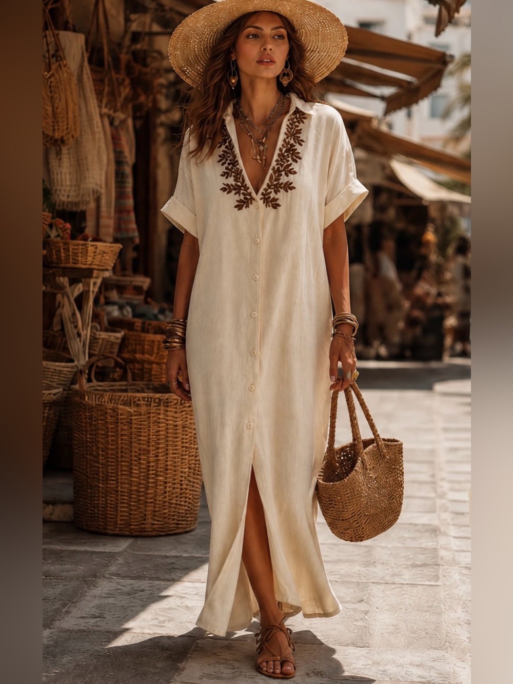 NWOT Lunemuse Cream Beige Embroidered Button-Front Maxi Dress, Sz M
